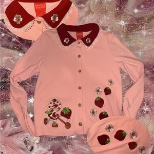 Strawberry Shortcake Pink Embroidered Cardigan with Red Collar